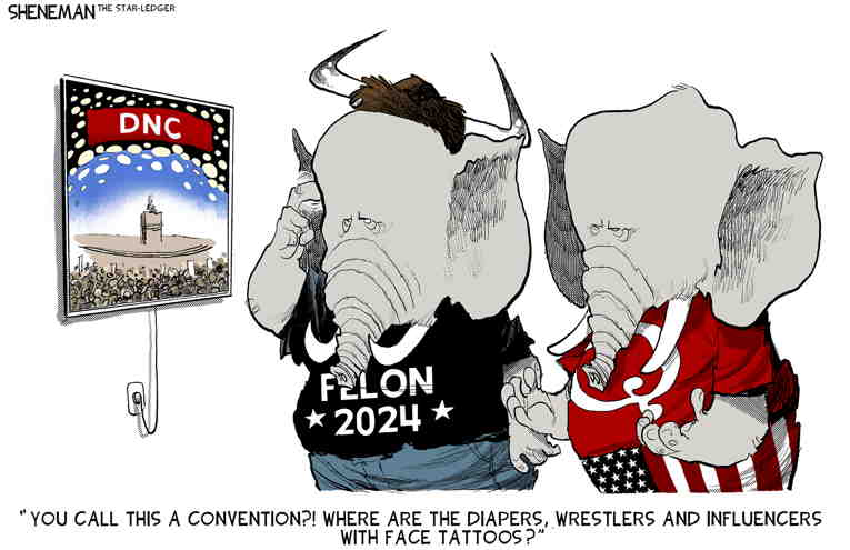 Political/Editorial Cartoon by Drew Sheneman, Newark Star Ledger on Convention High Persists