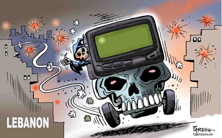 Political/Editorial Cartoon by Paresh Nath, National Herald, New Delhi, India on Israel Attacks Lebanon