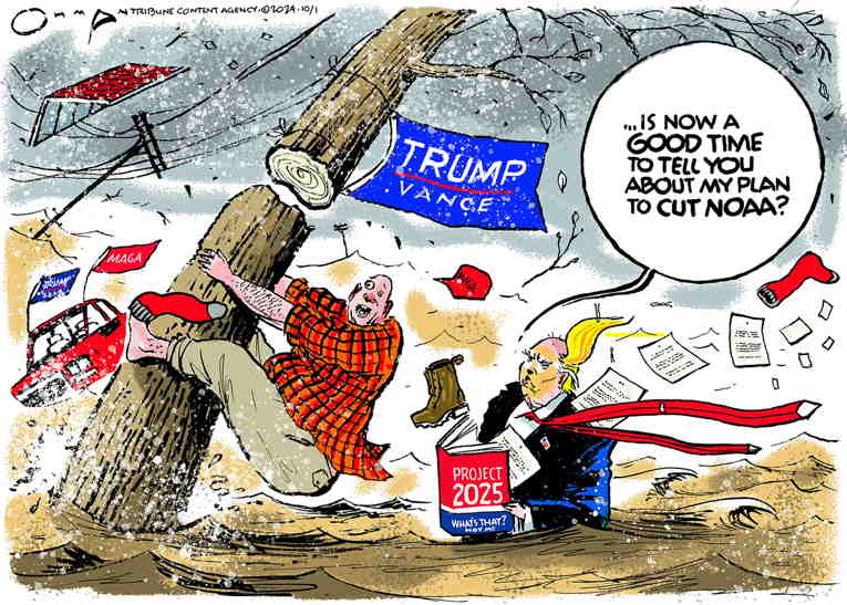 Political/Editorial Cartoon by Jack Ohman, The Oregonian on Hurricane Helene Ravages Southeast