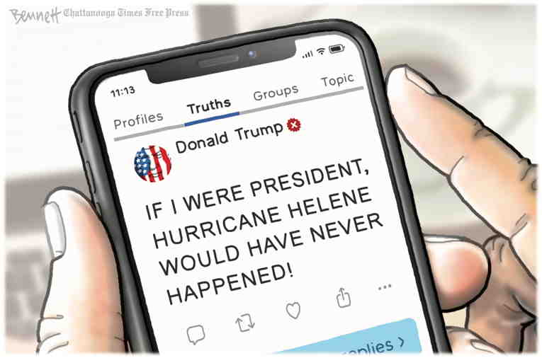 Political/Editorial Cartoon by Clay Bennett, Chattanooga Times Free Press on Hurricane Helene Ravages Southeast