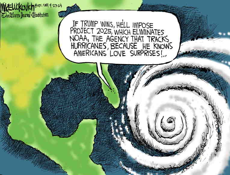 Political/Editorial Cartoon by Mike Luckovich, Atlanta Journal-Constitution on Hurricane Helene Ravages Southeast