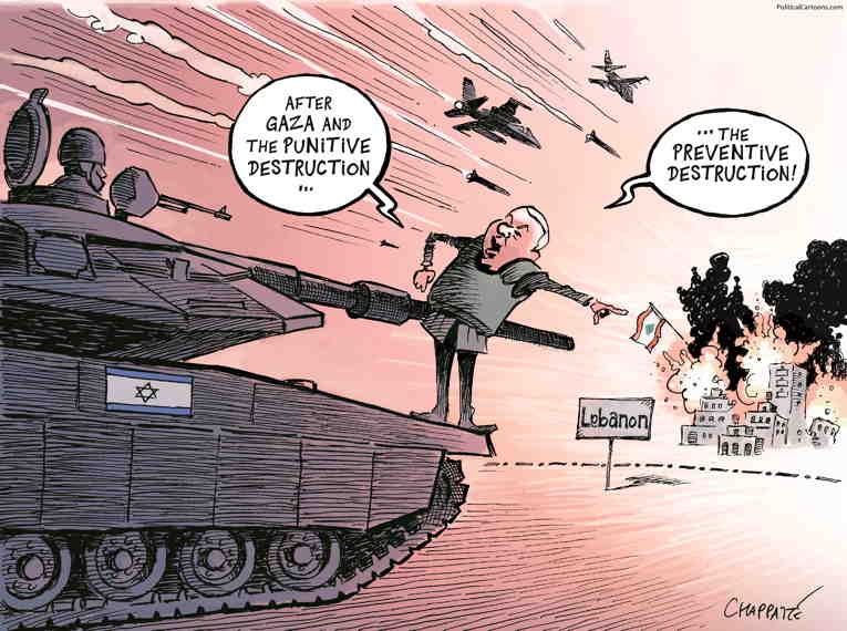 Political/Editorial Cartoon by Patrick Chappatte, International Herald Tribune on Israel Bombards Lebanon