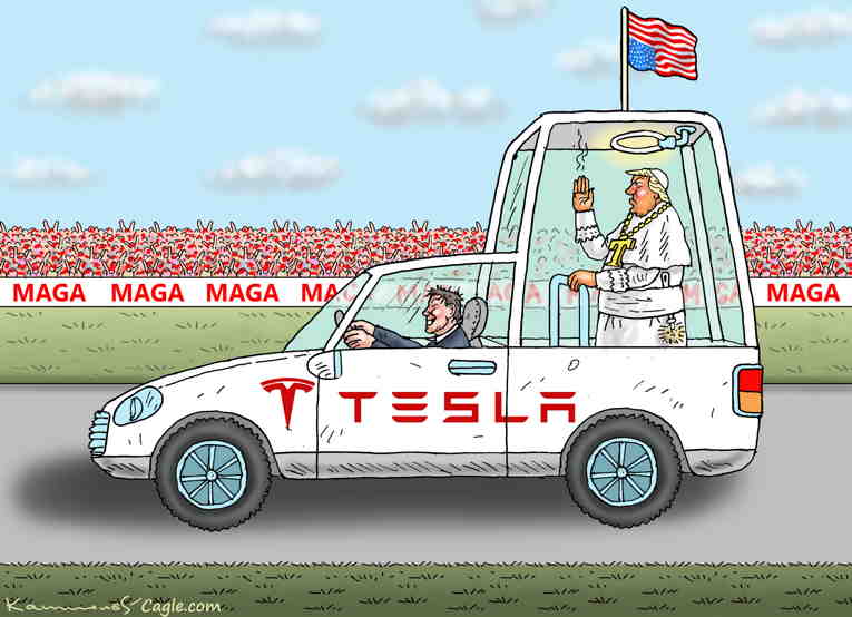 Political/Editorial Cartoon by Marian Kamensky, Slovakia on Musk Joins Cult