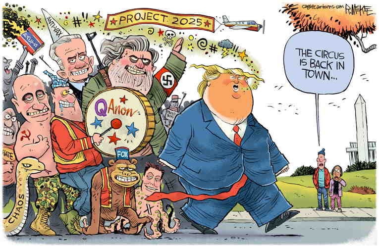 Political/Editorial Cartoon by Rick McKee, The Augusta Chronicle on World Braces for Trump 2.0