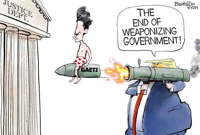 Political/Editorial Cartoon by Bill Bramhall, New York Daily News on Gaetz Chosen for Attorney General