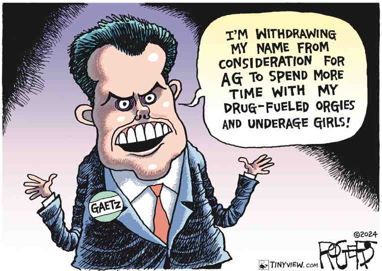 Political/Editorial Cartoon by Rob Rogers on Gaetz Steps Aside