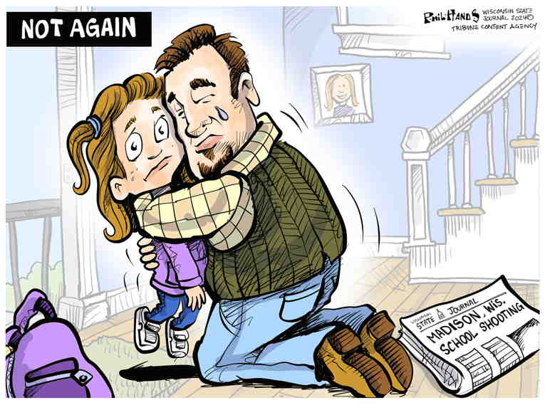 Political/Editorial Cartoon by Phil Hands, Wisconsin State Journal on Young Girl Shoots up School