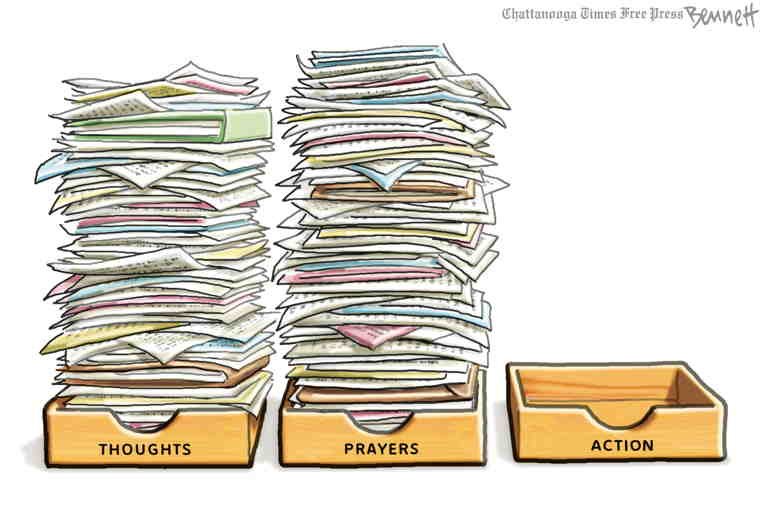 Political/Editorial Cartoon by Clay Bennett, Chattanooga Times Free Press on Young Girl Shoots up School