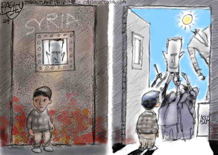 Political/Editorial Cartoon by Pat Bagley, Salt Lake Tribune on Assad Escapes to Russia