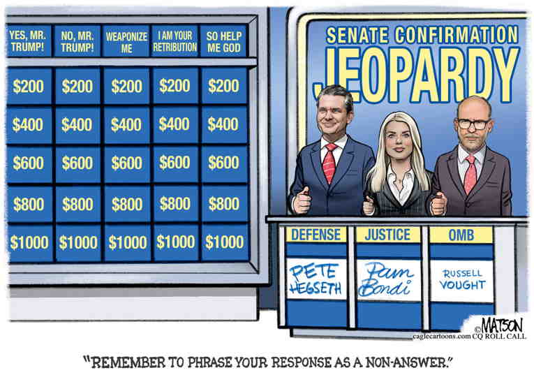 Political/Editorial Cartoon by RJ Matson, Cagle Cartoons on Confirmation Hearings Underway