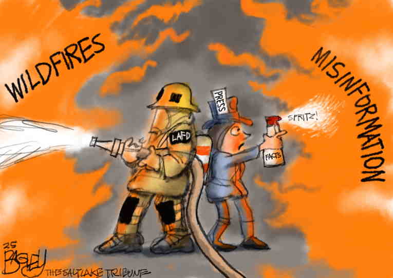 Political/Editorial Cartoon by Pat Bagley, Salt Lake Tribune on Fire Devastates LA