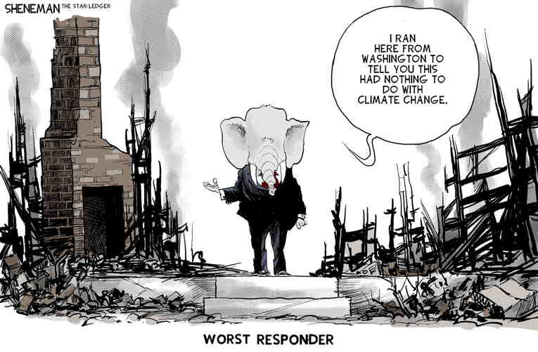 Political/Editorial Cartoon by Drew Sheneman, Newark Star Ledger on Fire Devastates LA