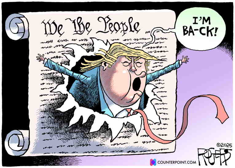 Political/Editorial Cartoon by Rob Rogers on Madman Sworn in as President