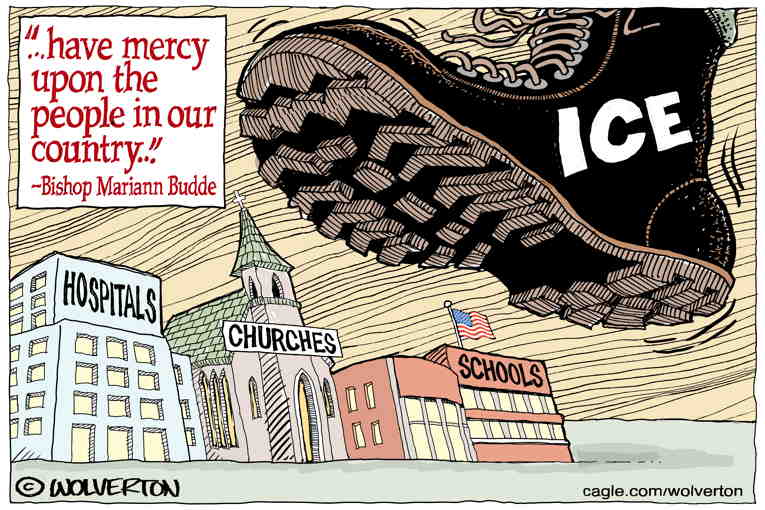 Political/Editorial Cartoon by Monte Wolverton, Cagle Cartoons on Psychopath Attends Church