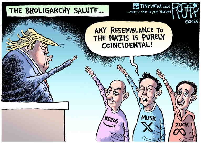 Political/Editorial Cartoon by Rob Rogers on Musk “Wave” Celebrated