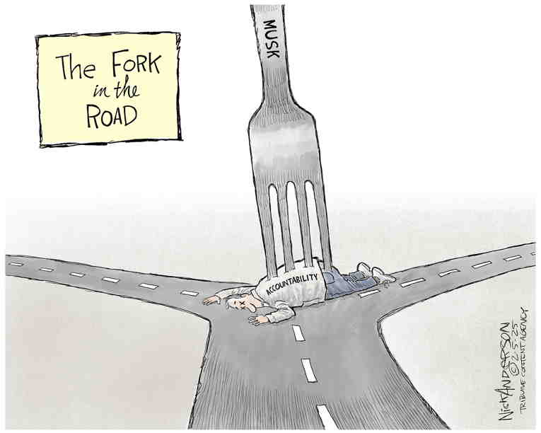 Political/Editorial Cartoon by Nick Anderson, Houston Chronicle on Musk Declares War