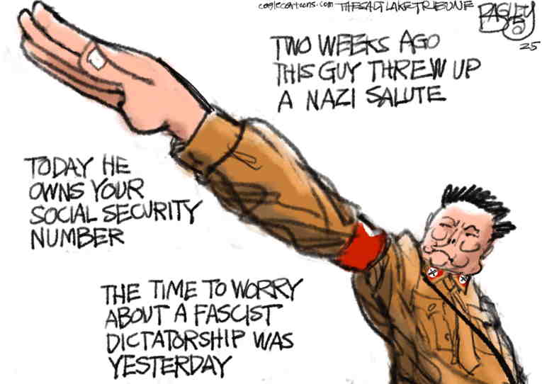 Political/Editorial Cartoon by Pat Bagley, Salt Lake Tribune on Musk Declares War