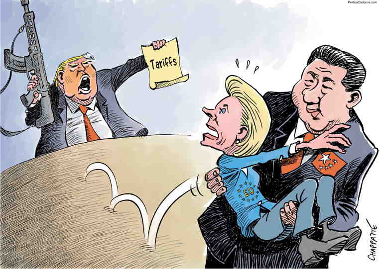 Political/Editorial Cartoon by Patrick Chappatte, International Herald Tribune on Trump Declares Trade War