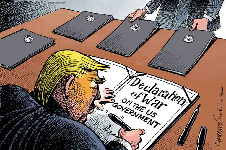 Political/Editorial Cartoon by Patrick Chappatte, International Herald Tribune on Trump Declares War