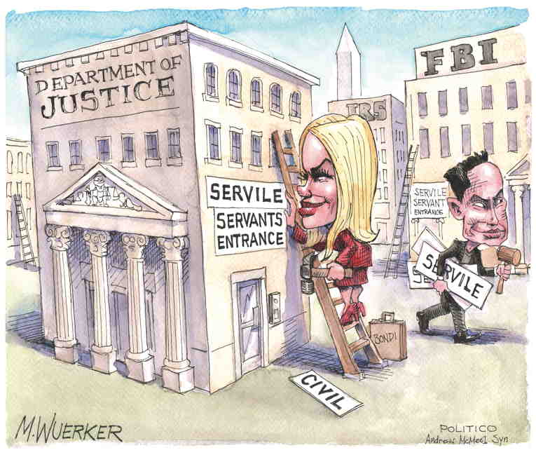 Political/Editorial Cartoon by Matt Wuerker, Politico on DOJ Purge Nearly Complete