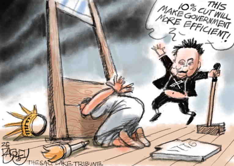 Political/Editorial Cartoon by Pat Bagley, Salt Lake Tribune on Musk: “I Love Cutting!”