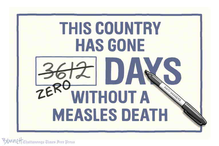 Political/Editorial Cartoon by Clay Bennett, Chattanooga Times Free Press on Measles Outbreak Spreads