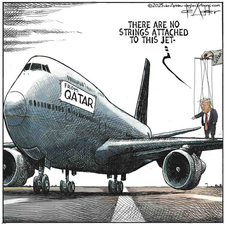 Political/Editorial Cartoon by Michael de Adder on Trump Accepts $400M “Gift”