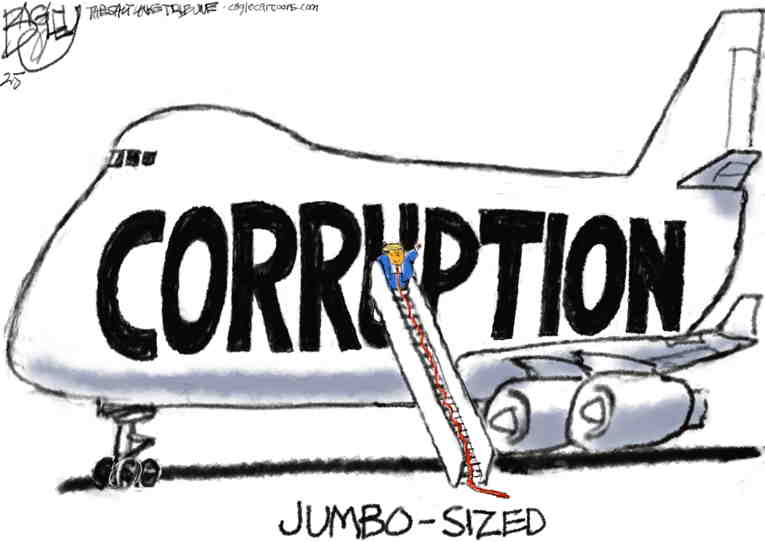 Political/Editorial Cartoon by Pat Bagley, Salt Lake Tribune on Trump Accepts $400M “Gift”
