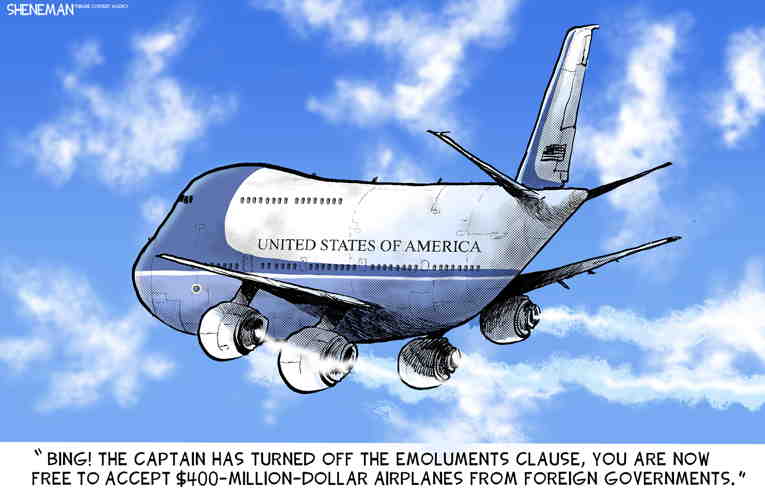 Political/Editorial Cartoon by Drew Sheneman, Newark Star Ledger on Trump Accepts $400M “Gift”
