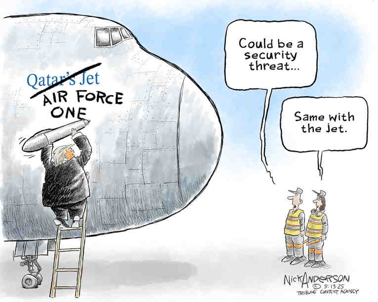 Political/Editorial Cartoon by Nick Anderson, Houston Chronicle on Trump Accepts $400M “Gift”