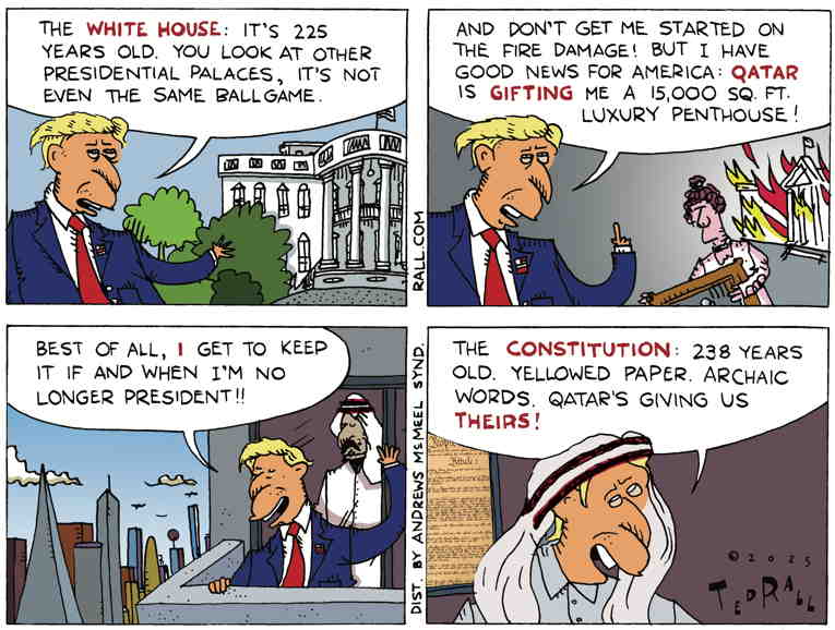 Political/Editorial Cartoon by Ted Rall on Trump Deals Exploding