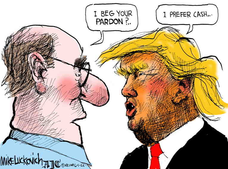 Political/Editorial Cartoon by Mike Luckovich, Atlanta Journal-Constitution on Trump’s Earnings Increase