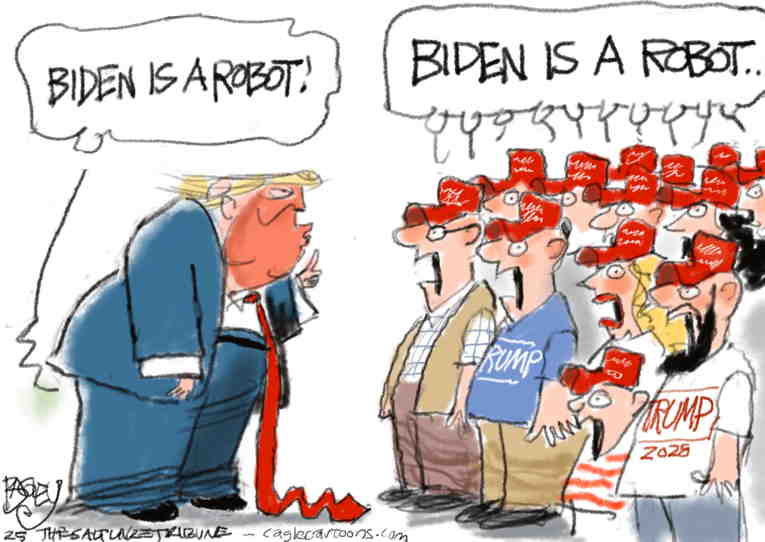 Political/Editorial Cartoon by Pat Bagley, Salt Lake Tribune on Biden Dead, Trump Says
