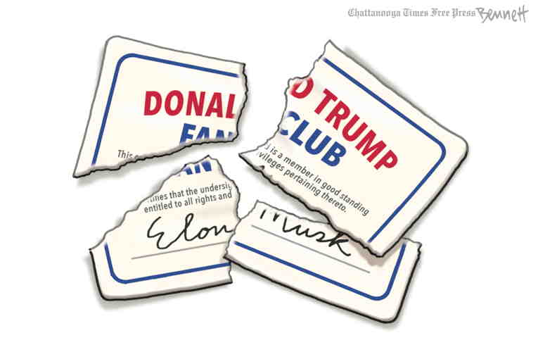 Political/Editorial Cartoon by Clay Bennett, Chattanooga Times Free Press on Musk Quits/Fired