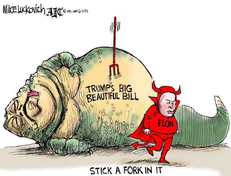 Political/Editorial Cartoon by Mike Luckovich, Atlanta Journal-Constitution on Musk Quits/Fired