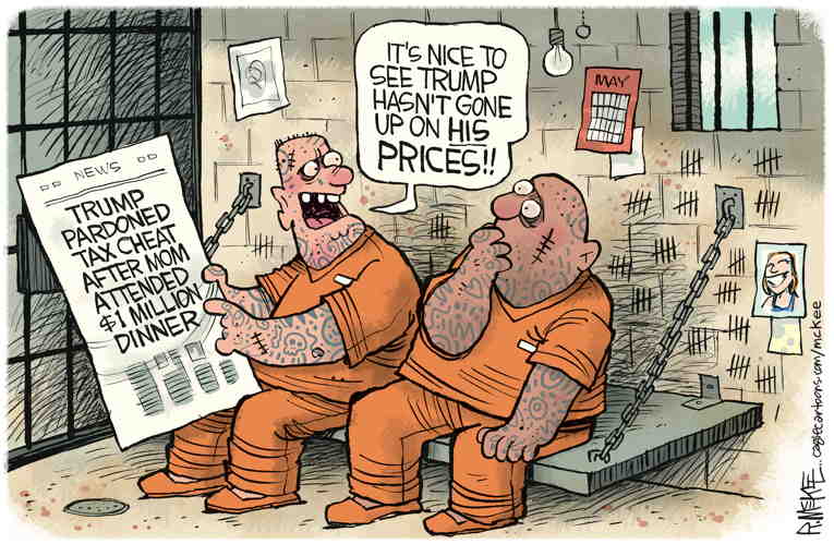 Political/Editorial Cartoon by Rick McKee, The Augusta Chronicle on Trump Selling Pardons