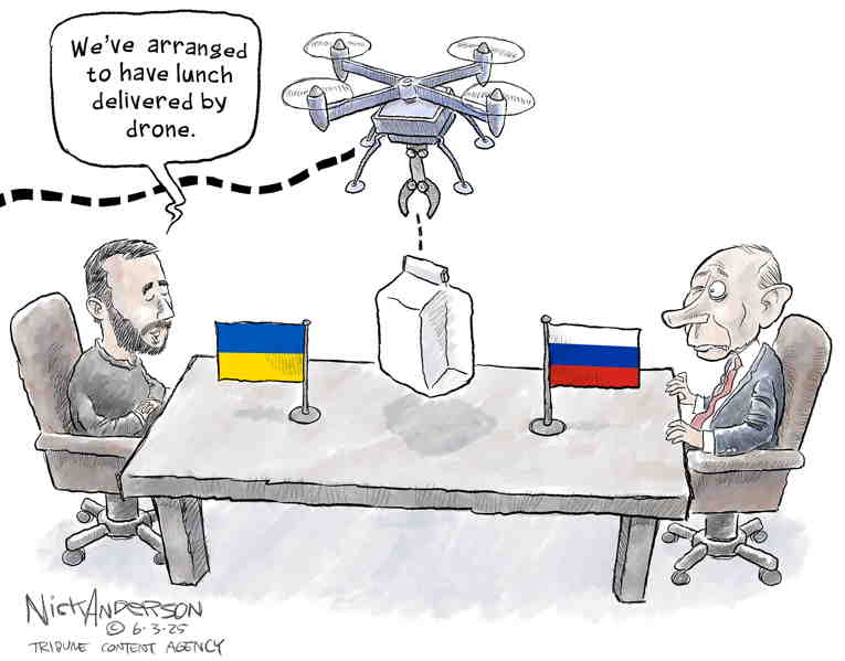 Political/Editorial Cartoon by Nick Anderson, Houston Chronicle on Ukraine Strikes Russian Bases