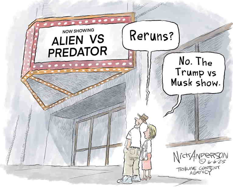 Political/Editorial Cartoon by Nick Anderson, Houston Chronicle on Musk Turns on Trump