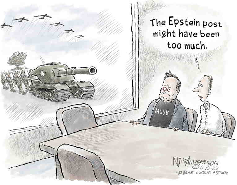 Political/Editorial Cartoon by Nick Anderson, Houston Chronicle on Musk Turns on Trump