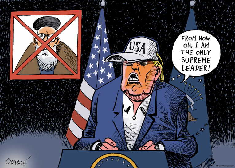 Political/Editorial Cartoon by Patrick Chappatte, International Herald Tribune on Trump & Israel Start War