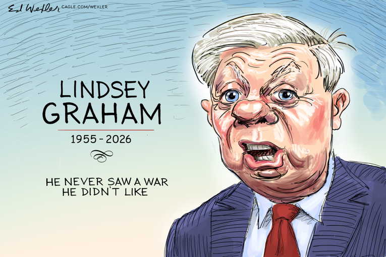 Political/Editorial Cartoon by Ed Wexler, PoliticalCartoons.com on War Monger Dies
