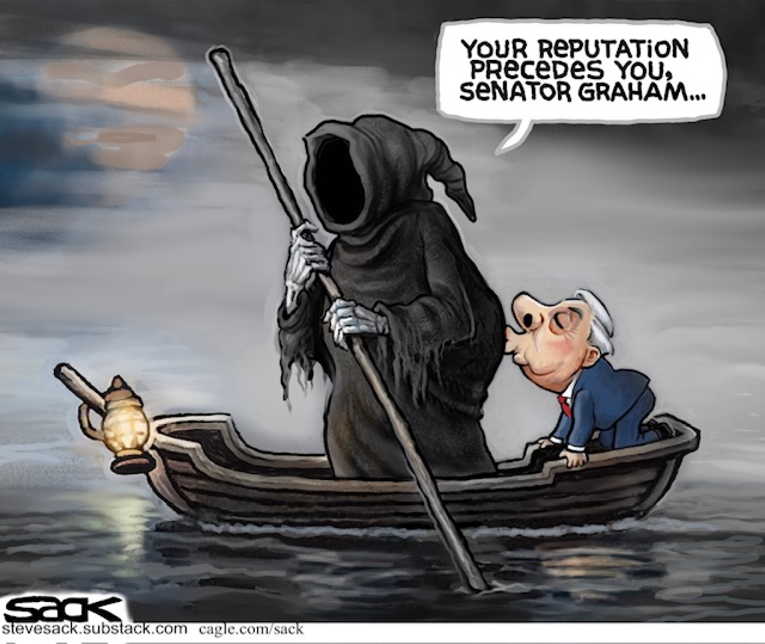 Political/Editorial Cartoon by Steve Sack, Minneapolis Star Tribune on War Monger Dies