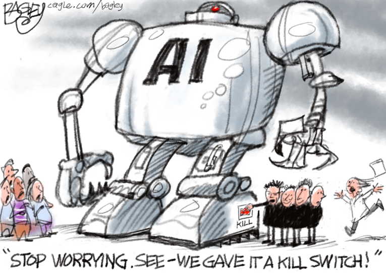 Political/Editorial Cartoon by Pat Bagley, Salt Lake Tribune on AI to Destroy Humankind