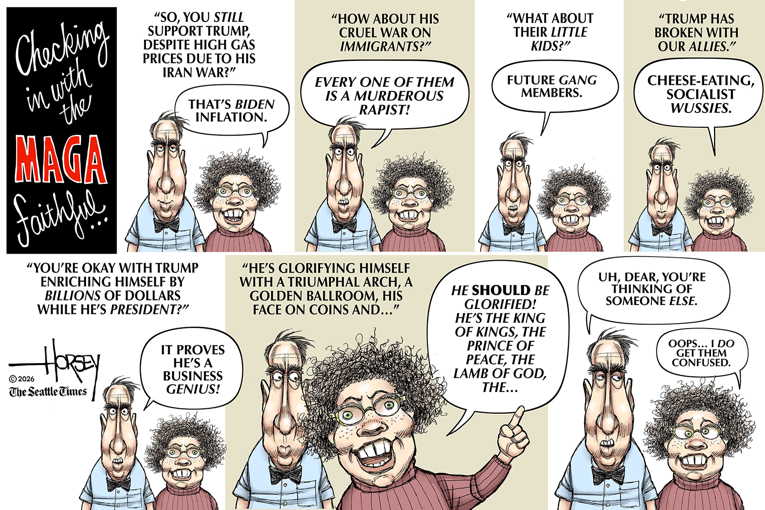 Political/Editorial Cartoon by David Horsey on President Glitches Out