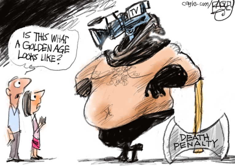 Political/Editorial Cartoon by Pat Bagley, Salt Lake Tribune on US Execution to Be Televised